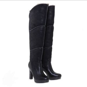 Ugg Over The Knee Boots Black Suede Leather Fur Dreaux Size 7.5